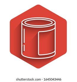 White line Canned food icon isolated with long shadow. Food for animals. Pet food can. Red hexagon button. Vector Illustration