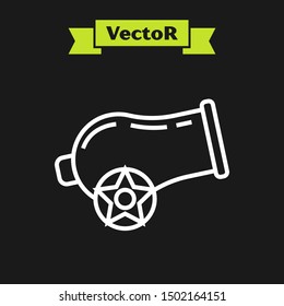 White line Cannon icon isolated on black background.  Vector Illustration