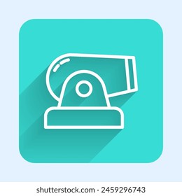 White line Cannon icon isolated with long shadow. Green square button. Vector