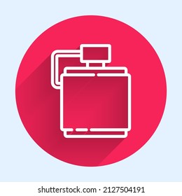 White line Canteen water bottle icon isolated with long shadow. Tourist flask icon. Jar of water use in the campaign. Red circle button. Vector