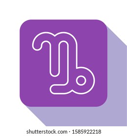 White line Capricorn zodiac sign icon isolated on white background. Astrological horoscope collection. Purple square button. Vector Illustration