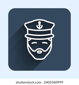 White line Captain of ship icon isolated with long shadow background. Travel tourism nautical transport. Voyage passenger ship, cruise liner. Blue square button. Vector