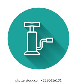 White line Car air pump icon isolated with long shadow background. Green circle button. Vector