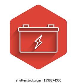 White line Car battery icon isolated with long shadow. Accumulator battery energy power and electricity accumulator battery. Red hexagon button. Vector Illustration