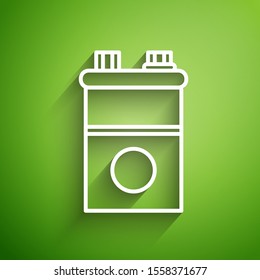 White line Car battery icon isolated on green background. Accumulator battery energy power and electricity accumulator battery.  Vector Illustration