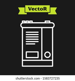 White line Car battery icon isolated on black background. Accumulator battery energy power and electricity accumulator battery.  Vector Illustration