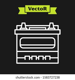 White line Car battery icon isolated on black background. Accumulator battery energy power and electricity accumulator battery.  Vector Illustration