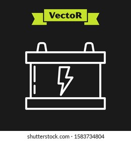 White line Car battery icon isolated on black background. Accumulator battery energy power and electricity accumulator battery. Lightning bolt.  Vector Illustration