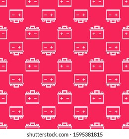 White line Car battery icon isolated seamless pattern on red background. Accumulator battery energy power and electricity accumulator battery.  Vector Illustration