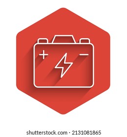 White line Car battery icon isolated with long shadow background. Accumulator battery energy power and electricity accumulator battery. Red hexagon button. Vector