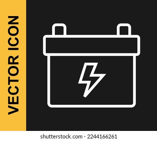 White line Car battery icon isolated on black background. Accumulator battery energy power and electricity accumulator battery.  Vector