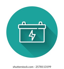 White line Car battery icon isolated with long shadow. Accumulator battery energy power and electricity accumulator battery. Green circle button. Vector