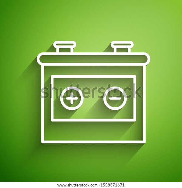 White line Car battery icon isolated on\
green background. Accumulator battery energy power and electricity\
accumulator battery.  Vector\
Illustration