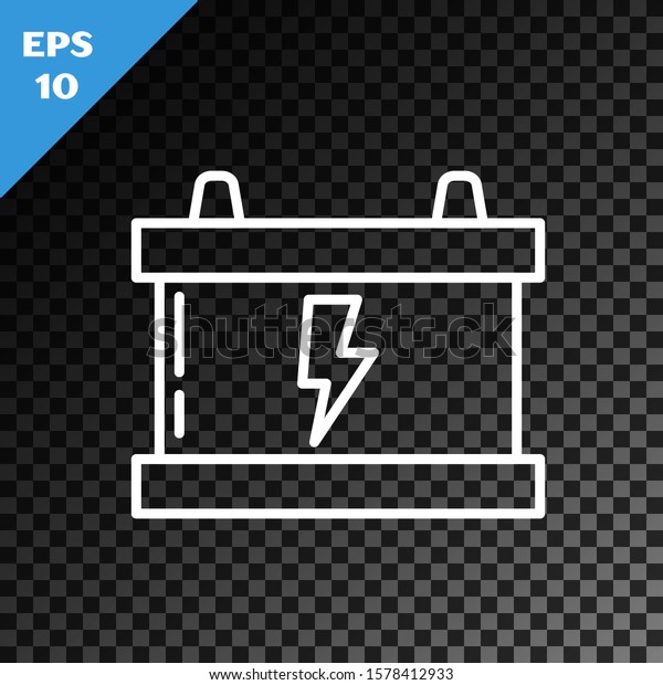 White line\
Car battery icon isolated on transparent dark background.\
Accumulator battery energy power and electricity accumulator\
battery. Lightning bolt.  Vector\
Illustration
