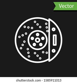 White line Car brake disk with caliper icon isolated on black background.  Vector Illustration