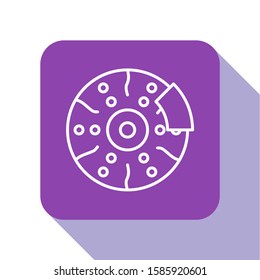 White line Car brake disk with caliper icon isolated on white background. Purple square button. Vector Illustration