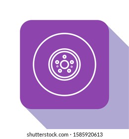 White line Car brake disk icon isolated on white background. Purple square button. Vector Illustration
