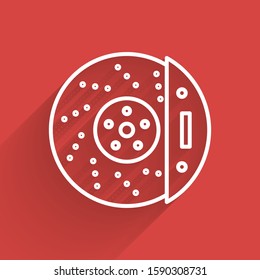 White line Car brake disk with caliper icon isolated with long shadow.  Vector Illustration