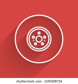 White line Car brake disk icon isolated with long shadow.  Vector Illustration