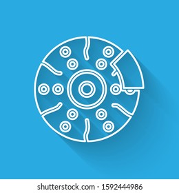 White line Car brake disk with caliper icon isolated with long shadow.  Vector Illustration