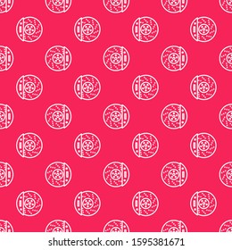 White line Car brake disk with caliper icon isolated seamless pattern on red background.  Vector Illustration