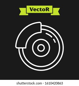 White line Car brake disk with caliper icon isolated on black background.  Vector Illustration