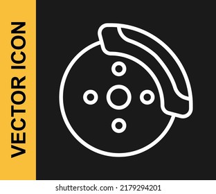 White line Car brake disk with caliper icon isolated on black background.  Vector