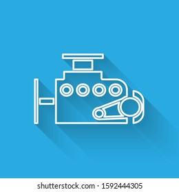 White line Car engine icon isolated with long shadow.  Vector Illustration