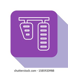 White line Car gas and brake pedals icon isolated on white background. Purple square button. Vector Illustration