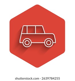 White line Car icon isolated with long shadow. Front view. Red hexagon button. Vector
