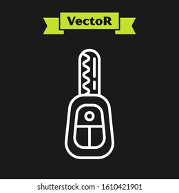 White line Car key with remote icon isolated on black background. Car key and alarm system.  Vector Illustration