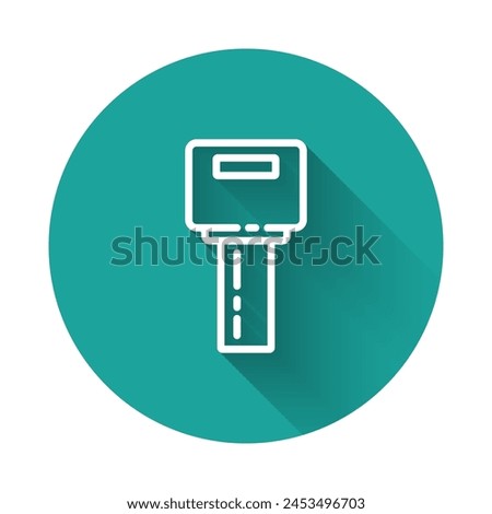 White line Car key with remote icon isolated with long shadow. Car key and alarm system. Green circle button. Vector