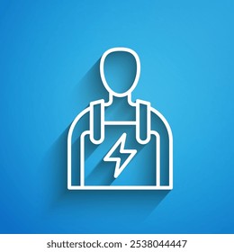 White line Car mechanic icon isolated on blue background. Car repair and service. Long shadow. Vector