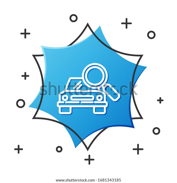 White\
line Car search icon isolated on white background. Magnifying glass\
with car. Blue hexagon button. Vector\
Illustration