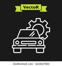 White line Car service icon isolated on black background. Auto mechanic service. Repair service auto mechanic. Maintenance sign.  Vector Illustration