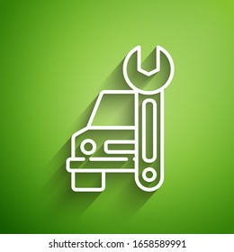 White line Car service icon isolated on green background. Auto mechanic service. Repair service auto mechanic. Maintenance sign.  Vector Illustration