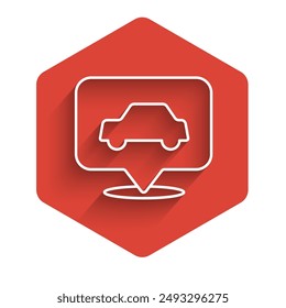 White line Car service icon isolated with long shadow. Auto mechanic service. Repair service auto mechanic. Maintenance sign. Red hexagon button. Vector