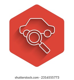 White line Car sharing icon isolated with long shadow background. Carsharing sign. Transport renting service concept. Red hexagon button. Vector