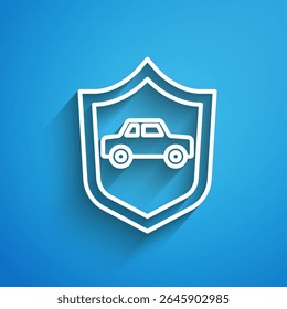 White line Car with shield icon isolated on blue background. Insurance concept. Security, safety, protection, protect concept. Long shadow. Vector
