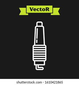 White line Car spark plug icon isolated on black background. Car electric candle.  Vector Illustration