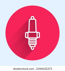 White line Car spark plug icon isolated with long shadow background. Car electric candle. Red circle button. Vector