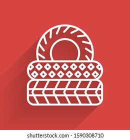 White line Car tire icon isolated with long shadow.  Vector Illustration