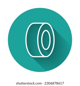 White line Car tire icon isolated with long shadow. Green circle button. Vector