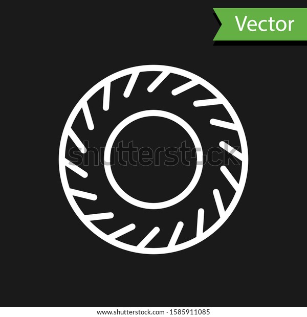 White line Car tire icon isolated on black\
background.  Vector\
Illustration