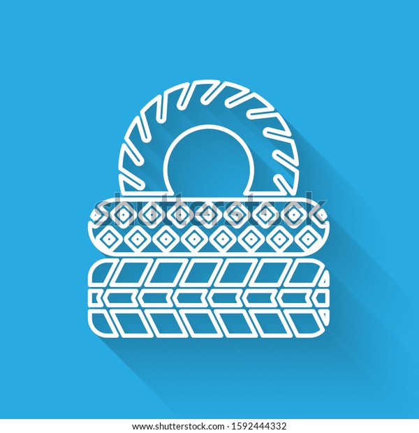 White line Car tire icon isolated with long\
shadow.  Vector\
Illustration
