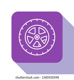 White line Car wheel icon isolated on white background. Purple square button. Vector Illustration