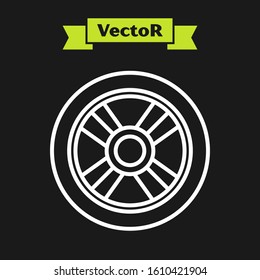 White line Car wheel icon isolated on black background.  Vector Illustration