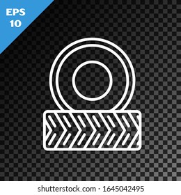 White line Car wheel icon isolated on transparent dark background.  Vector Illustration