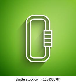White line Carabiner icon isolated on green background. Extreme sport. Sport equipment.  Vector Illustration