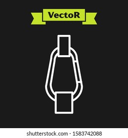 White line Carabiner icon isolated on black background. Extreme sport. Sport equipment.  Vector Illustration